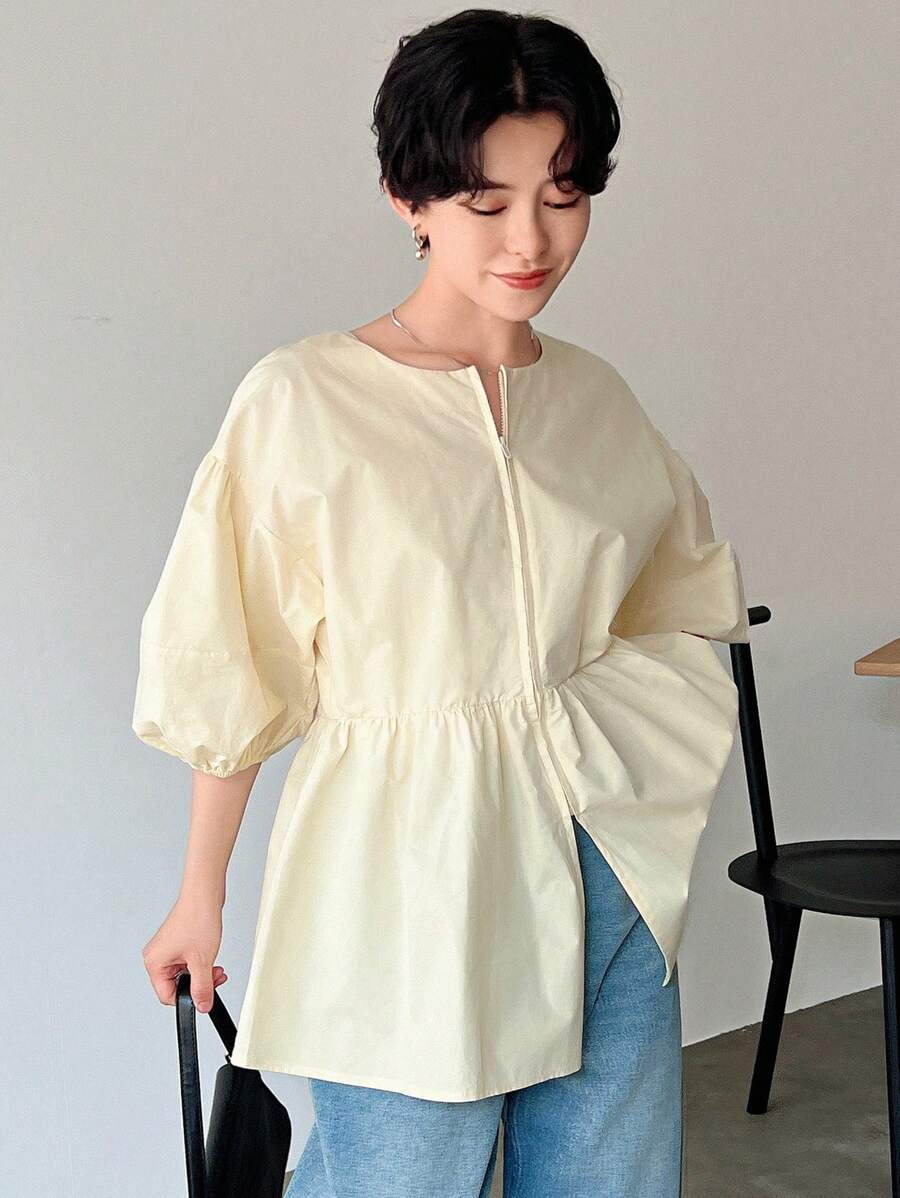 FRIFUL 女士休闲纯色泡泡袖春夏衬衫，荷叶边