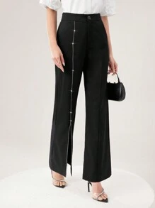 Mulvari Women's Solid Color Wide Leg Casual Suit Pants With Pockets - Black - View 8