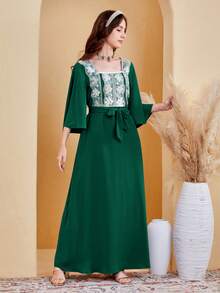 SHEIN Teen Girl Woven Splicing Lace Square Neck Casual Dress - Green - View 3