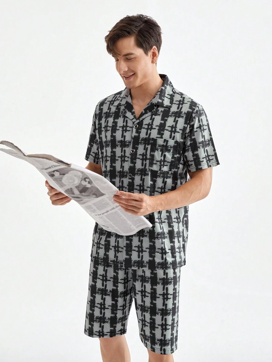Men's Summer Plaid Short Sleeve And Shorts Homewear Set
