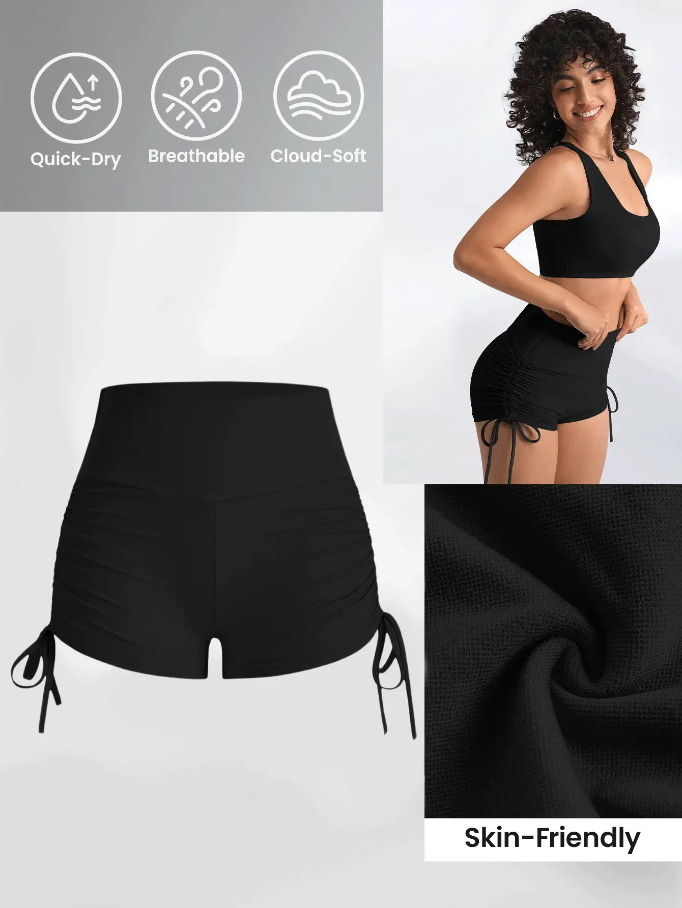 Easithlete 桃形臀提升歐美風瑜伽短褲，高腰彈性運動女士跑步健身短褲拉繩短褲 - 黑色 - 查看 3