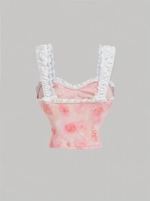SHEIN MOD Country Music Festival Clothing Floral Decoration Waist Cinched Tie-Dye Flower Print Color Block Tank Top,Cute Summer Shirts, Pink Tanks Women
