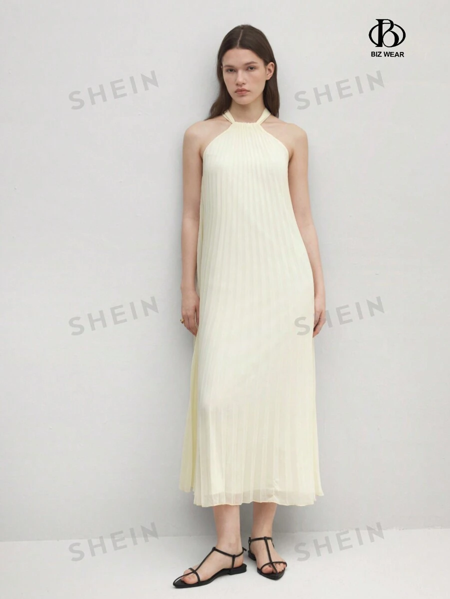 BizChic Vestido de línea A elegante y plisado de color crema para el verano, con tirantes y forro