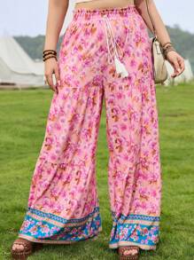 Dreamara WYWH Ladies' Plus Size High-Waisted Printed Wide-Leg Pants With Ruffle Trim For Musical Festival