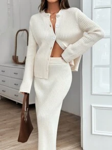 EURMUSE Cardigan And Maxi Skirt Elegant Knitwear Set , 2 Piece Sweater Set - Apricot - View 6