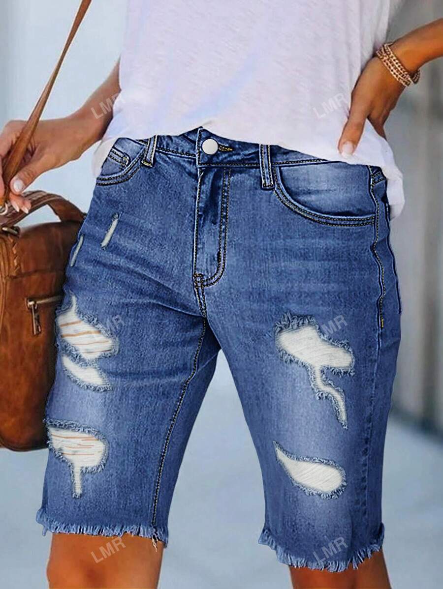 Shorts vaqueros de talle medio con desgarros de unicolor para mujer en verano