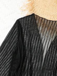 Teen Girl Solid Texture One-Piece Swimsuit With Mesh Cover-Up, Suitable For Summer, Beach - Black - View 4