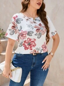 SHEIN Clasi Plus Size Women's Summer Floral Print Round Neck Short Sleeve Casual T-Shirt - Pink - View 3