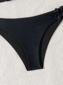 Swim SXY 女士夏季海滩纯色拼接 3D 花朵比基尼套装，聚拢，带钢圈，两件套比基尼套装 - 黑色 - 查看 4