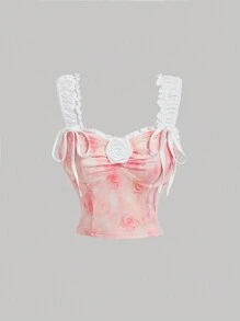 SHEIN MOD Country Music Festival Clothing Floral Decoration Waist Cinched Tie-Dye Flower Print Color Block Tank Top,Cute Summer Shirts, Pink Tanks Women