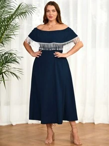 Mulvari Plus Size Women's Patchwork Tassel Off Shoulder Dress