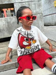 SHEIN Leap Crew SLAYR KIDS 男童休闲宽松印花短袖上衣，侧边贴袋，搭配梭织短裤套装 - 白色 - 查看 4