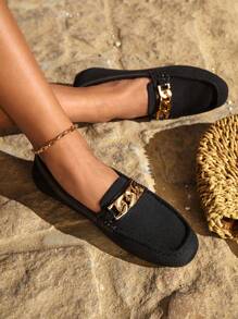 CUCCOO BASICS Chain Decor Stitch Detail Flat Loafers Vacation Shoes Summer - Black - View 4