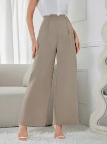 Modelyn 女式纯色阔腿裤，带口袋，优雅 - 卡其色 - 查看 4