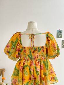 Soleia Blusa con cuello en forma de corazón y lazo en la parte delantera para mujer de talla grande con mangas abullonadas. Blusa casual de verano para vacaciones en la playa con estampado tropical de flores.
