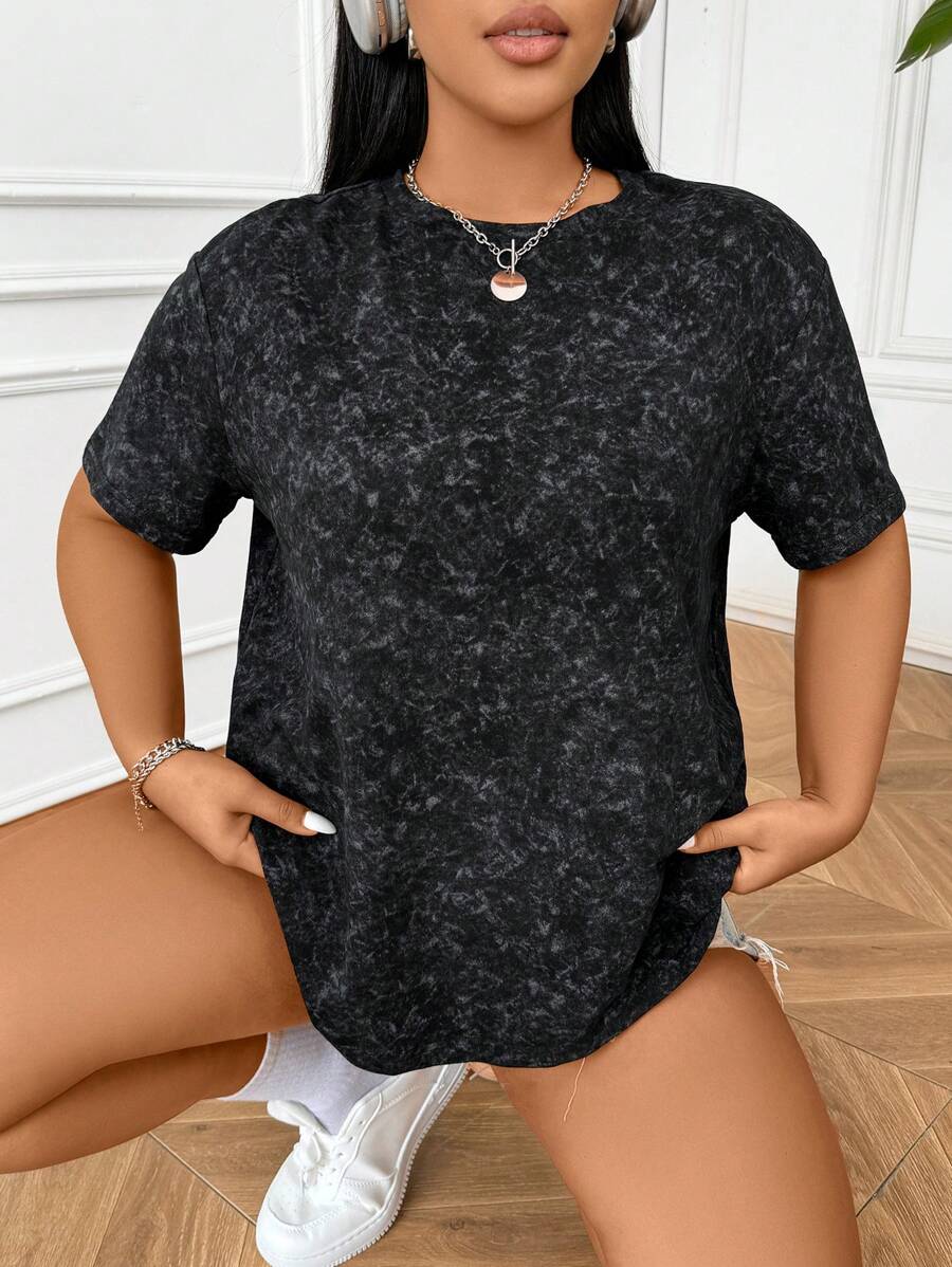 SHEIN EZwear Áo len dệt kim được giặt bằng axit Plus Size cổ điển, rộng rãi và thoải mái, thích hợp cho áo thun ngắn tay - Màu Hồng Tươi - Xem 1