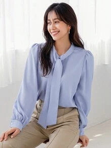 FRIFUL Women's Solid Color Tie Collar Long Sleeve Spring/Summer Shirt - Baby Blue - View 1