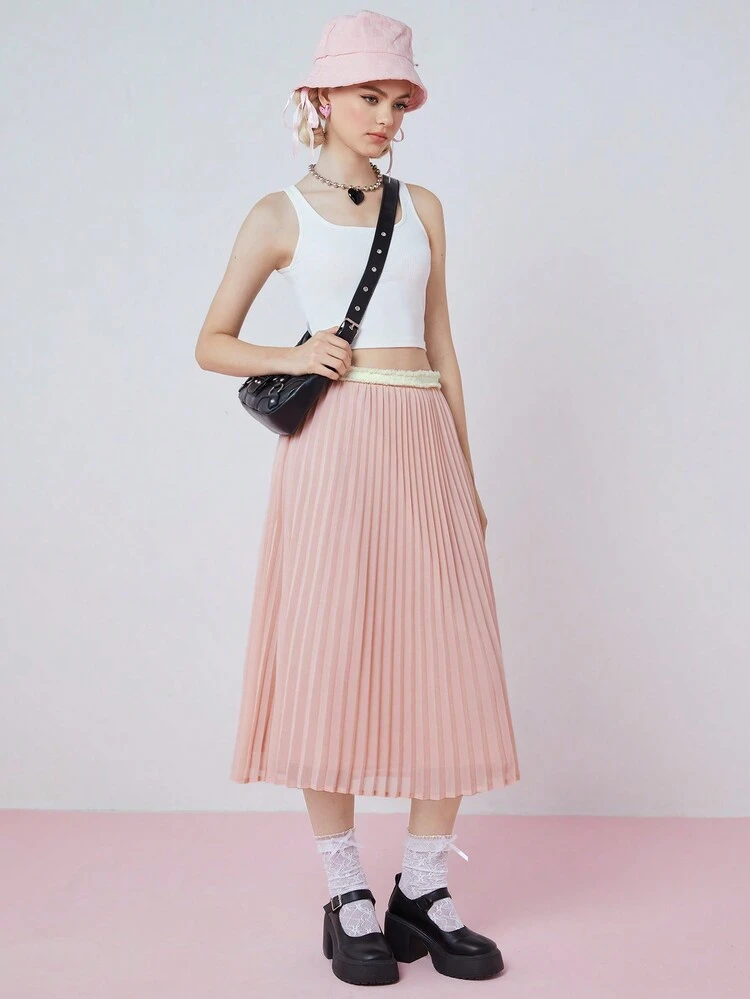 SHEINNeu Women's Contrast Raw Edge High Waist Pink Pleated Skirt