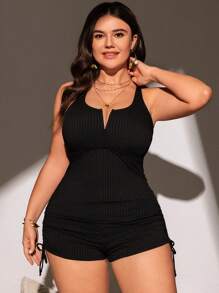 Swim Lushoire Plus Size Solid Color Top And Shorts Bathing Suit Set For Summer - Black - View 5