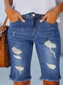 Shorts vaqueros de talle medio con desgarros de unicolor para mujer en verano