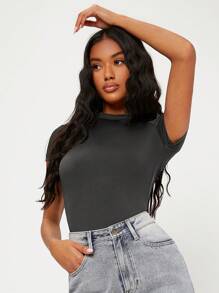 SHEIN BASICS 女士夏季純色圓領修身休閒短袖T恤 - 深灰色 - 查看 3