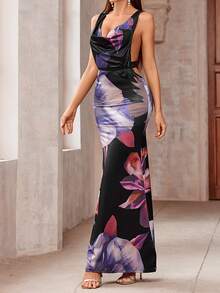 Elegant Floral Printed Deep Draped Neck Backless Sleeveless Dress For Summer - Purple - View 4