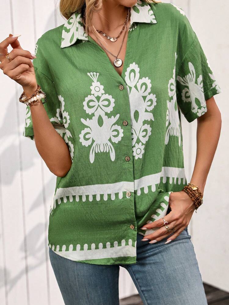 Women's Vintage Printed Short Sleeve Casual Holiday Shirt