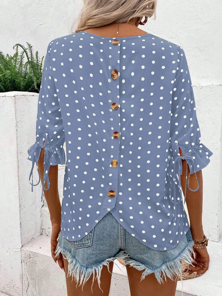 Women's Summer Polka Dot Print Back Button Single Breasted Shirt With Tie Sleeve Cuffs
