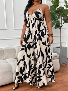 SHEIN CURVE+ Plus Size Green Leaf Print Halter Neck Tied Jumpsuit, Beach Resort Casual Boho Vacation