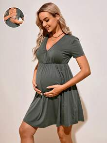 SHEIN 休閒針織純色舒適簡單孕婦裝 - 軍綠色 - 查看 7