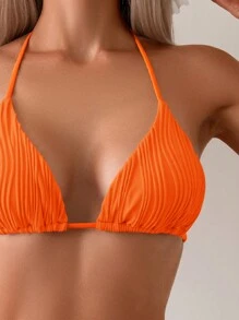 SHEIN Swim Women's Summer Beach Solid Textured Sexy Halter Bikini Top Set, Special Fabric Bathing Suit - Orange - View 3