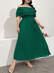 Modelyn 大码女式纯色简约日常露肩连衣裙女装长款晚礼服 - 墨綠色 - 查看 3