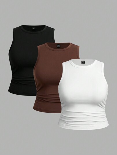 SHEIN EZwear 3pcs Set Women's Casual Solid Color Plus Size Round Neck Camisole For Summer Back To School