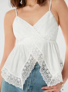 Enchnt Ladies' Solid Color Lace Patchwork Cross Wrap Summer Camisole - White - View 7