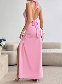 Chiquease Women's Solid Color Halter Neck Elegant Party Dress With Slit - Pink - View 2