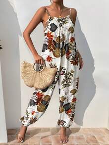 SHEIN Essnce Casual Women Summer Vacation Style Loose Tropical Plant Print Cami Jumpsuit Summer Bloomers Jumpsuit Hawaiian Jumpsuit - Multicolor - View 6