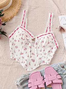Soleia WYWH Women's Holiday Vacation Lace Patchwork Floral White Tank Top, Rustic Tie-Front Bow Lace Cami, Red Floral Curved Hem Tank Top, Lunch - Red and White - View 1
