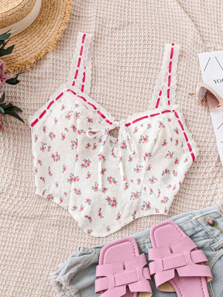 WYWH Women's Holiday Vacation Lace Patchwork Floral White Tank Top, Rustic Tie-Front Bow Lace Cami, Red Floral Curved Hem Tank Top, Lunch