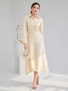 Modelyn 女士衬衫领单排扣百褶休闲长袖连衣裙长款晚礼服 - 杏色 - 查看 6