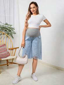 SHEIN 孕妇休闲宽松破洞针织牛仔七分裤，可调节腰围牛仔裤 - 彩色 - 查看 5