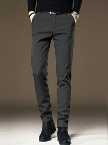 1pc Men's Solid Color Casual Elastic Tapered Leg Dress Pants - Grey - View 3