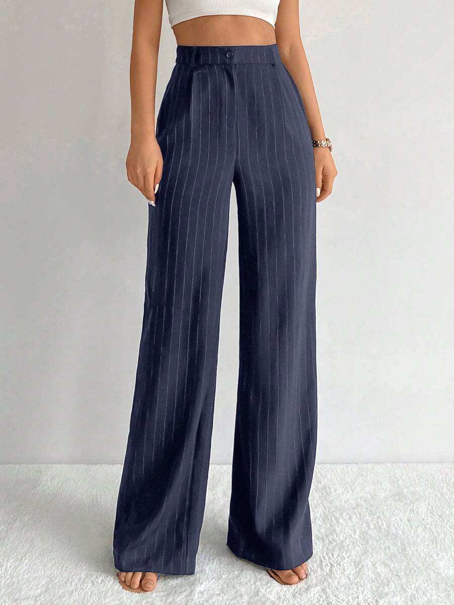 EURMUSE Striped Print Wide Leg Suit Trousers - Navy Blue - View 1