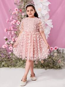 SHEIN Elegant &  Woven Jacquard Mesh Round Neck Short Sleeve Dress For Tween Girls, Spring/Summer