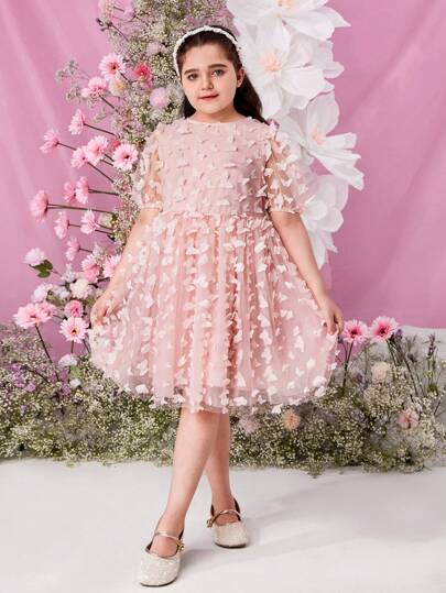 SHEIN Elegant &  Woven Jacquard Mesh Round Neck Short Sleeve Dress For Tween Girls, Spring/Summer