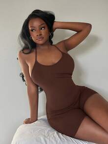 SHEIN SXY Enterizo sin mangas con tiras cruzadas en la espalda y diseño playero para verano - Marrón - Ver 4