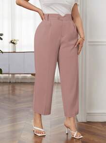 SHEIN Privé Plus Size Solid Color Button-Down Elegant Twill Weave Trousers - Dusty Pink - View 1