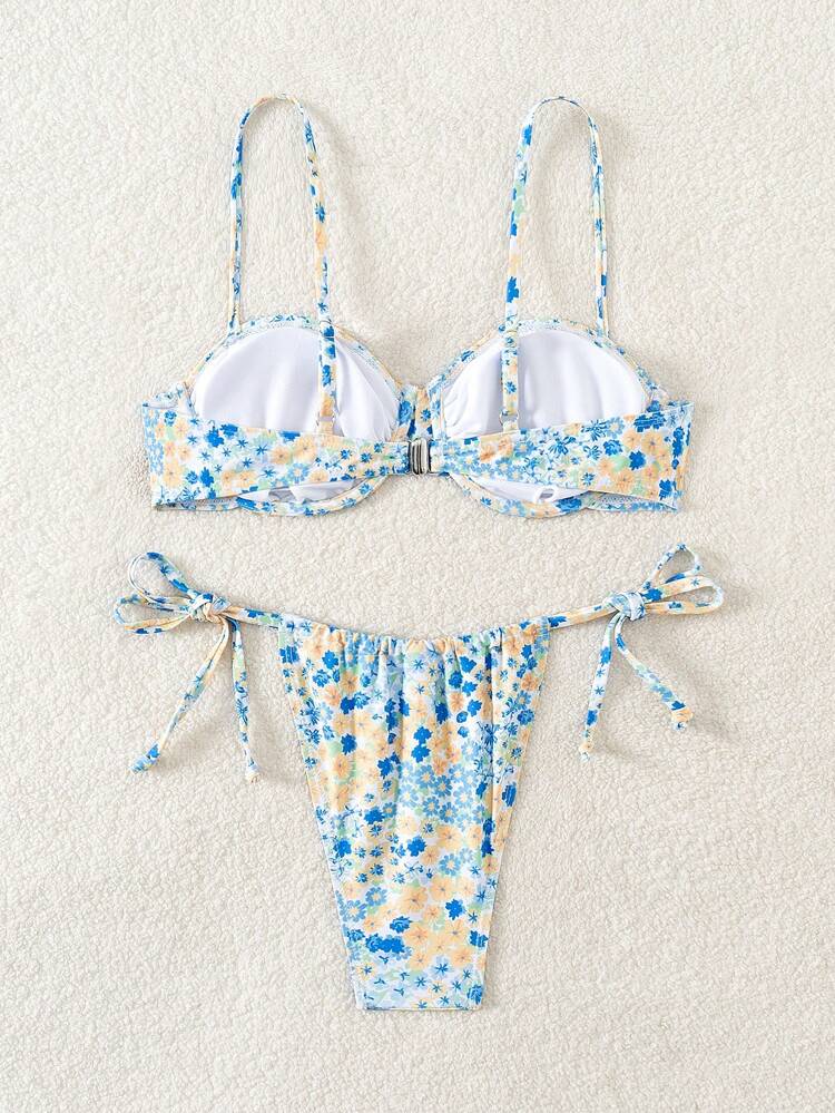 Women's Summer Beach Floral Bandeau Bikini Set With Sexy Thong Bottom