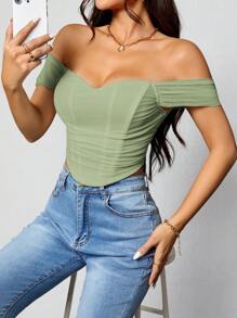 SHEIN PETITE 女士夏季純色露肩打褶不對稱下擺修身上衣