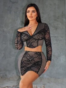 SHEIN SXY Conjunto de top corto sexy y falda mini ajustada de encaje para conciertos del Club del Orgullo para mujeres, verano
