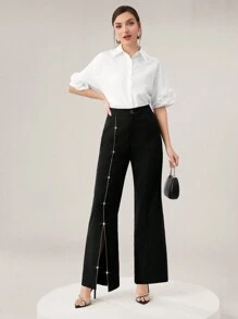 Mulvari Women's Solid Color Wide Leg Casual Suit Pants With Pockets - Black - View 3